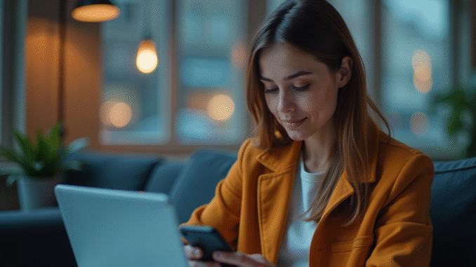 A Lady Using Smartphone and a Laptop